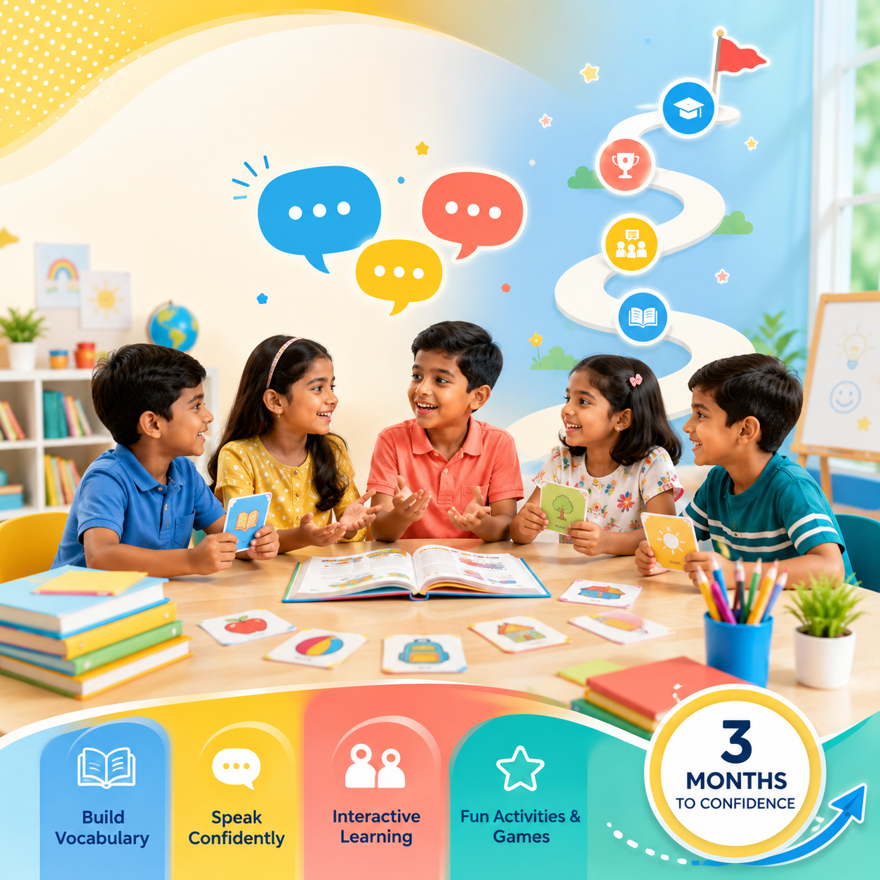 Children learning English together in a bright, playful classroom