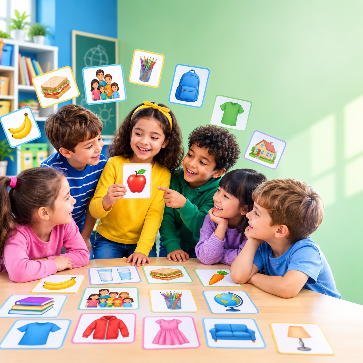 Children practicing English vocabulary together in class