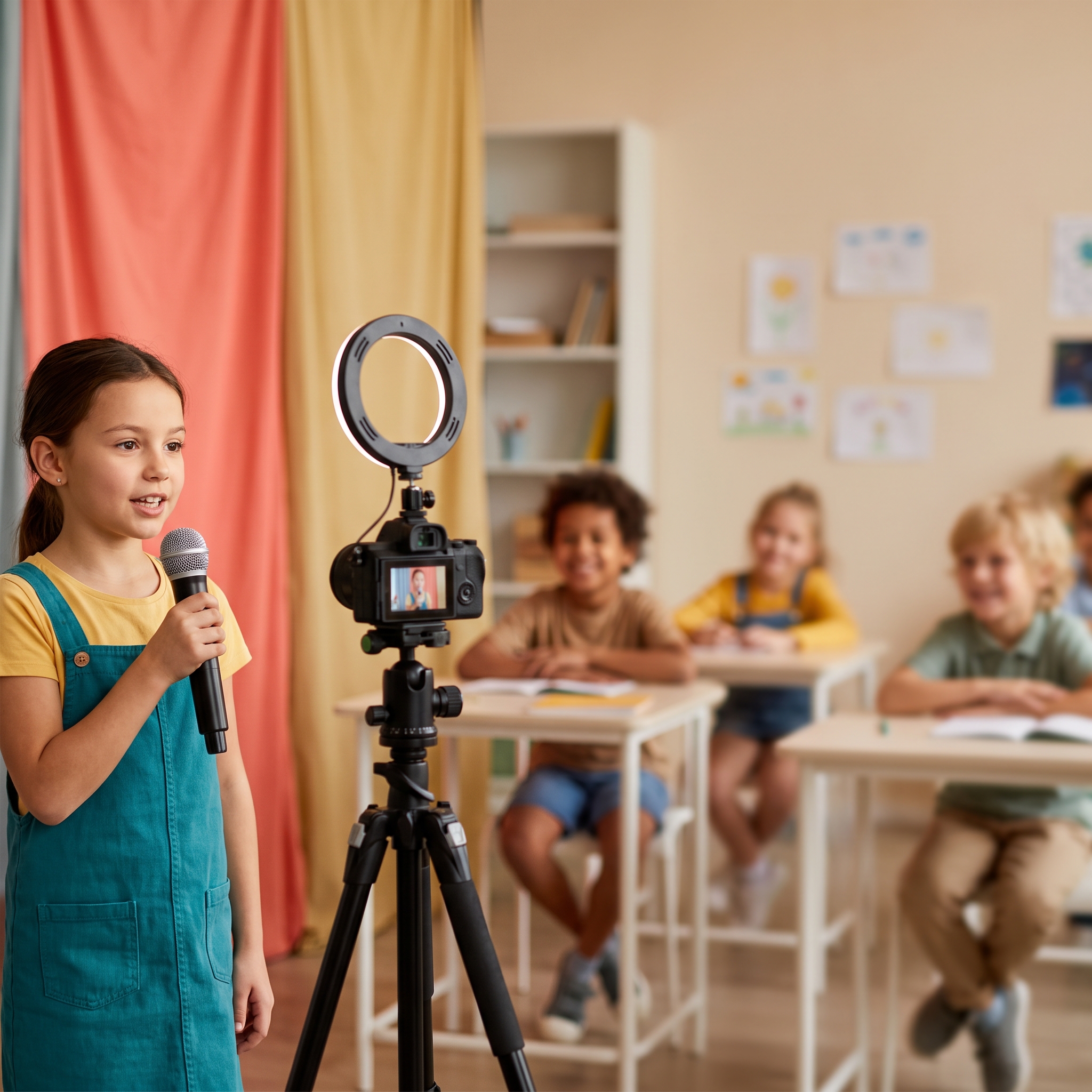 Child confidently practicing a presentation for a video homework task