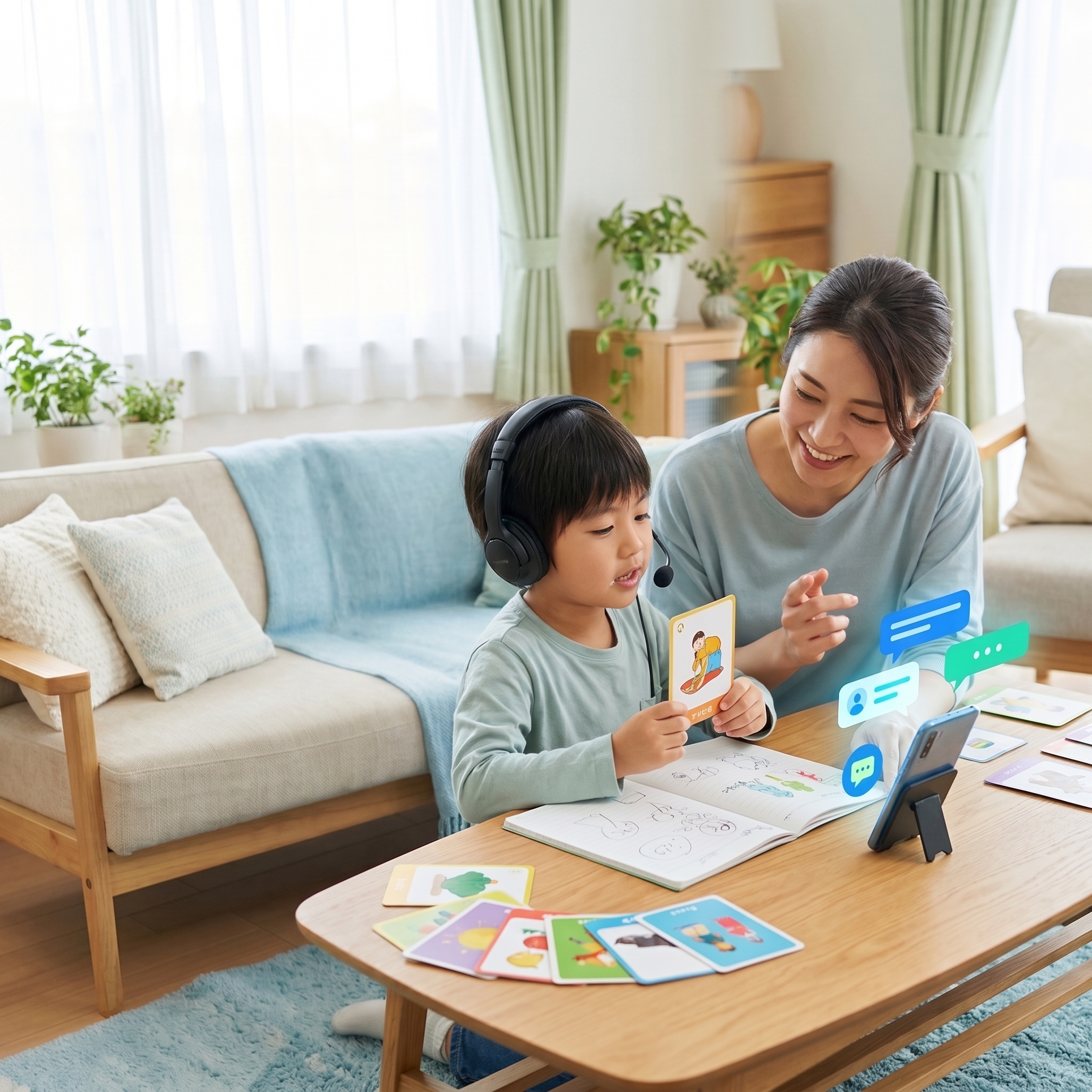 Child practicing English at home with learning materials