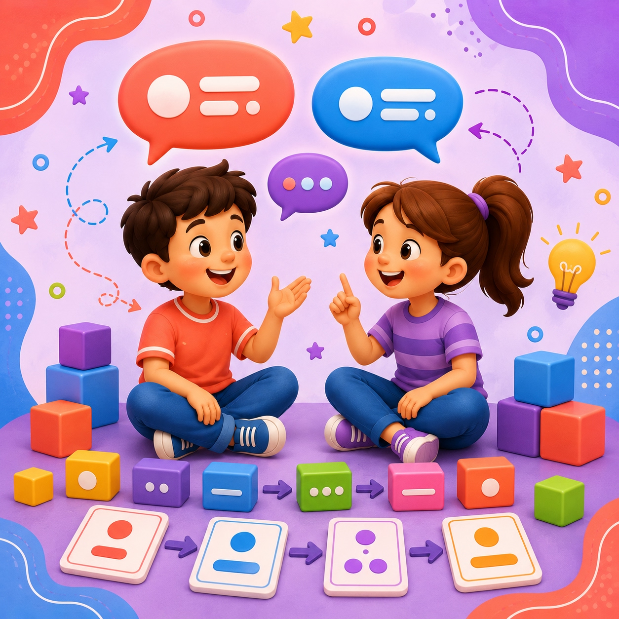 Children practicing spoken English with conversation cards